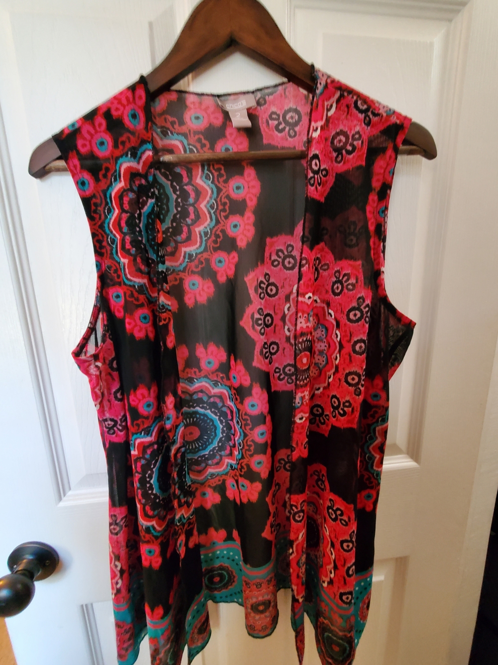 Chico’s Size 2 Sheer Medallion Print Open Front Vest Pink Turquoise